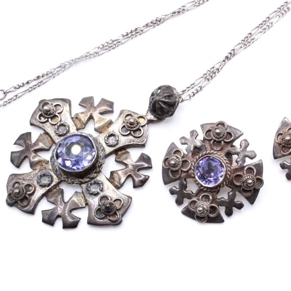 Vintage Jerusalem Lab Alexandrite 800 Silver Maltese Cross Necklace Set - Picture 6 of 9